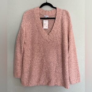 SUSINA Women's Pullover Open Knit Sweatshirt Pink Size Large V-Neck